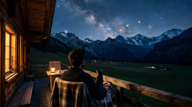 man with its cat on beutiful night