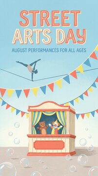 Street Arts Day vertical poster with puppet stage and festive street decorations
