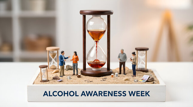 Alcohol Awareness Week Concept with Miniature People, Amber Liquid Hourglass, and 'ALCOHOL AWARENESS WEEK' Sign