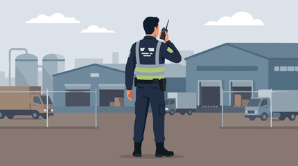 Obraz premium Security guard seen from behind with radio at industrial facility, guard, security, radio, uniform, backview, industrial, facility