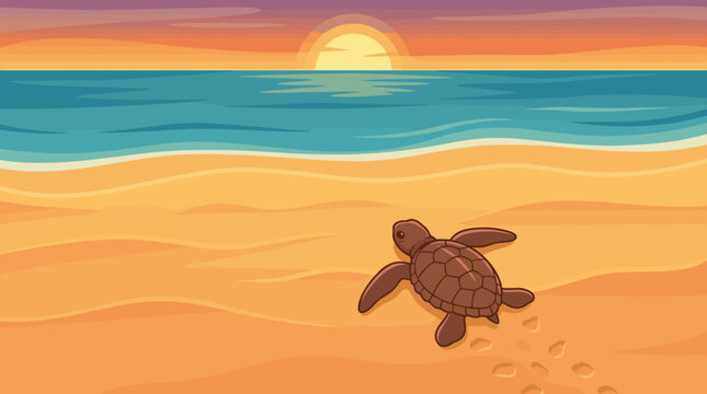 Tiny sea turtle hatchling crawling across sandy beach at sunset, turtle, hatchling, beach, sand, sea, wildlife, animal, baby,