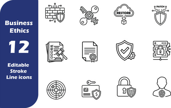  Cybersecurity, Data Protection, and Business Ethics Line Icon Set. Editable Stroke Vector Collection for IT Infrastructure, Legal Compliance, and Secure Network UI.