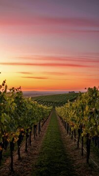 Beautiful vineyard landscape at sunset with rows of grapevines and colorful dramatic sky
