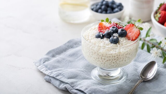 Glass bowl of creamy tapioca pudding topped with fresh strawberries, blueberries, powdered sugar and mint on a gray napkin