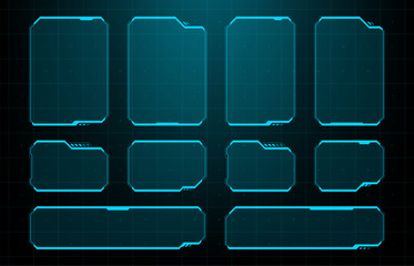 Futuristic HUD interface elements set. Digital technology data frame and information panel. Glowing blue cyber monitor display for software design, gaming overlay and sci-fi graphic. © Shells