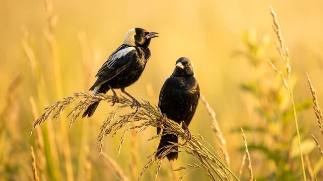 bobolink birds in iowa prairies usa close up singing golden light video
