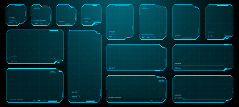 HUD vector set with blue futuristic interface frames. Digital data display panels and sci-fi technology UI elements for software development, gaming, screen graphic and infographic design.