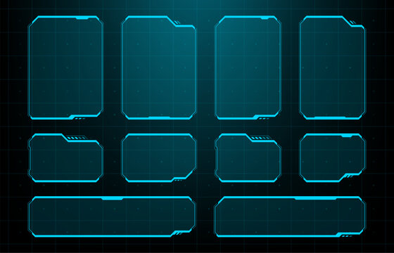 Futuristic HUD interface elements set. Digital technology data frame and information panel. Glowing blue cyber monitor display for software design, gaming overlay and sci-fi graphic.