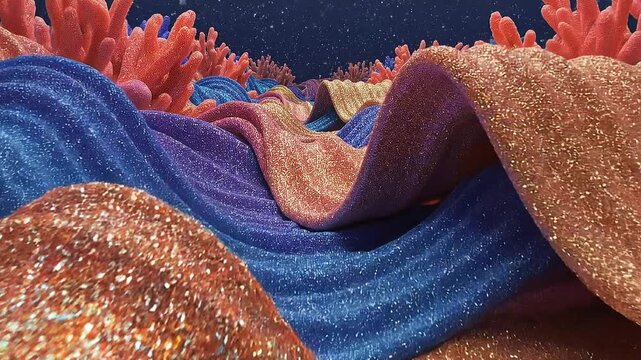 Abstract 3D rendering of wavy textured colorful fabrics with coral reef elements under water style background