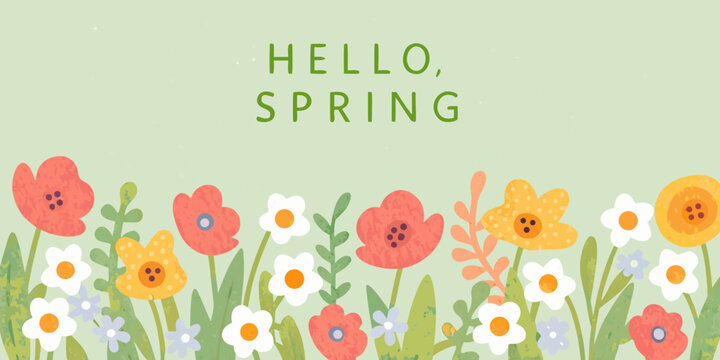 Floral ornament with tulips daisies and greenery on a pastel background