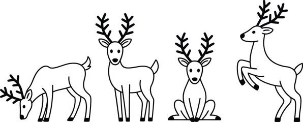 Cute deer and reindeer line art outline icons collection in different poses isolated on a white background. © MDTOFIZUL