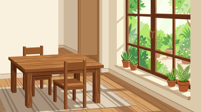 Rustic wooden dining table beside bright garden window, table, wooden, dining, garden, window, interior, rustic, home, plants,