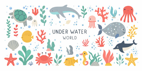 Marine Life Collection Flat Vector Illustration With White Background © Shabita