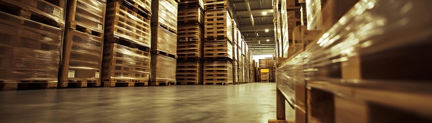 Fototapeta premium A wide-angle view of a warehouse filled with neatly stacked wooden pallets, showcasing an organized storage environment.