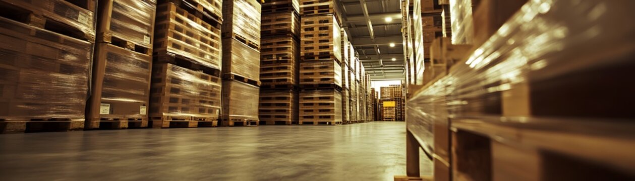 A wide-angle view of a warehouse filled with neatly stacked wooden pallets, showcasing an organized storage environment.