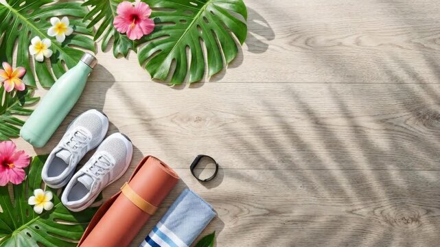 Yoga mat rolled with white sneakers water bottle blue towel and fitness band on wooden surface surrounded by monstera leaves pink. Tropical summer fitness essentials and healthy lifestyle concept