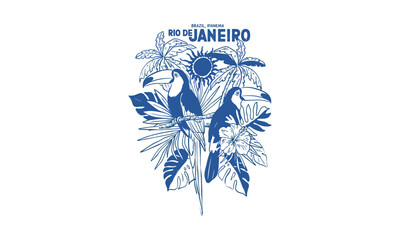 Obraz premium Vintage Rio de Janeiro travel illustration featuring toucans and tropical palms in blue ink style