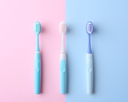 Bright and colorful toothbrushes arranged on a cute pastel background, promoting dental hygiene and personal care.