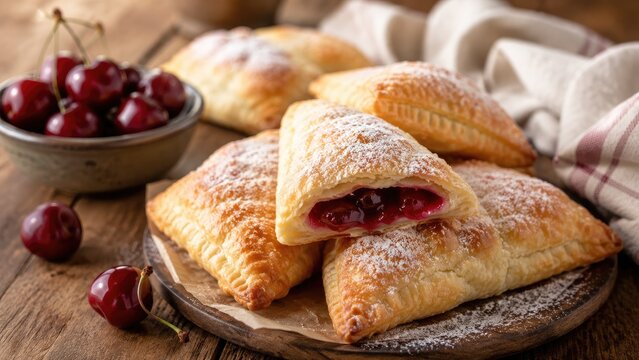 Golden flaky cherry hand pies dusted with powdered sugar on a wooden board beside fresh cherries