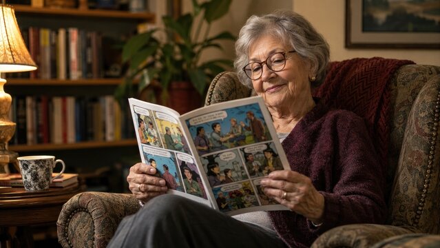 Elderly woman in an armchair reading a colorful comic book in a cozy, warmly lit living room