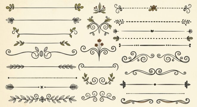 Collection of handdrawn vintage decorative text dividers and floral page ornaments on aged paper background