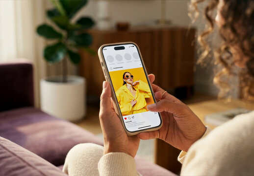Woman Holding Smartphone Feed Screen Mockup
