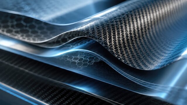 Close-up layered carbon fiber composite sheets with glossy blue lighting and hexagonal weave texture
