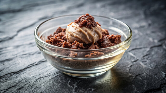Delicious m&auml;mmi dessert with dense texture served in glass bowl, topped with creamy ice cream and sweet crumbles. Traditional m&auml;mmi dessert often enjoyed during Easter celebration.