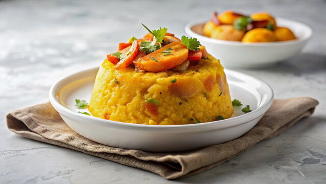 Authentic mofongo dish, mashed plantains topped with carrots on white plate. Mofongo dish features fried green plantains with garlic and broth.
