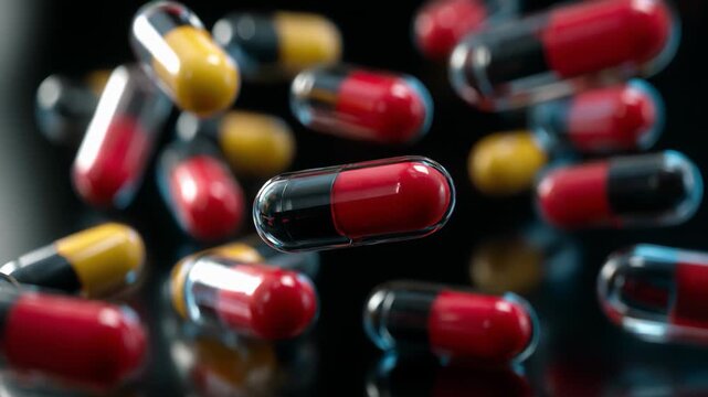 Red and black capsules floating and rotating over reflective dark surface in close up studio