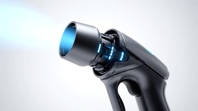 Futuristic electric vehicle charging plug with glowing blue light.