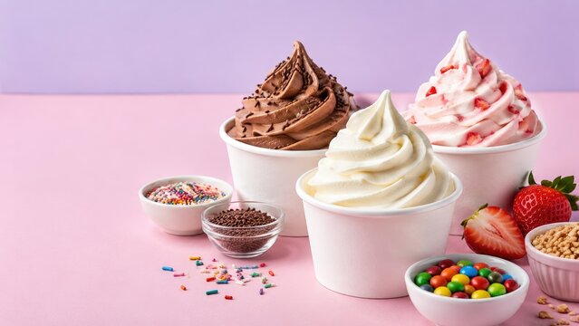 Three cups of soft serve ice cream (chocolate, vanilla, strawberry) with assorted toppings on a pastel pink and lavender background