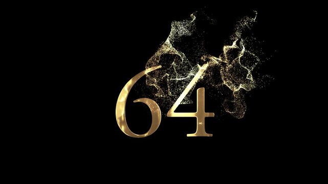 Golden number 64 from particles, numbering, sixty four, golden numbers, alpha channel, numerology, beautiful golden numbers with particles on a transparent background