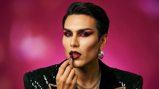 Glamorous person with bold makeup applying dark red lipstick. Individual in black sequined jacket with gold embroidery on pink bokeh background.