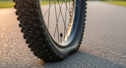 Fototapeta premium Deflated mountain bike tire on asphalt path, close-up, sunset golden hour, maintenance concept
