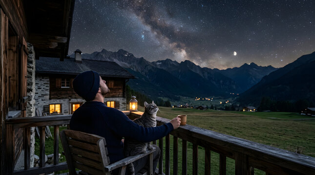 man with its cat on beutiful night