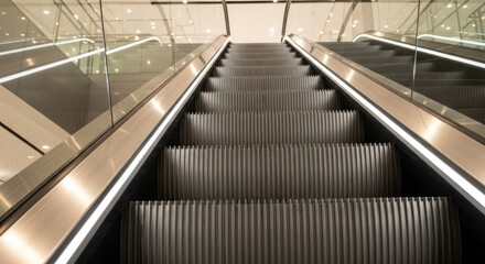 Fototapeta premium Modern escalator ascending in a bright shopping mall, showcasing contemporary architecture and clean lines for upward mobility and progress