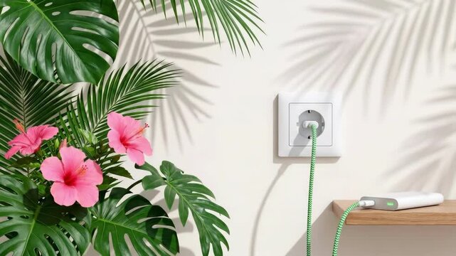 Tropical monstera leaves and pink hibiscus flowers beside white wall outlet. Eco-friendly blend of nature and technology for sustainable home charging