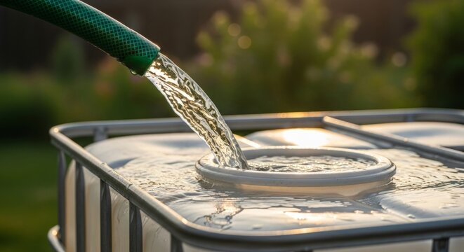 Filling large IBC tote with clear fresh water from garden hose during golden hour sunlight