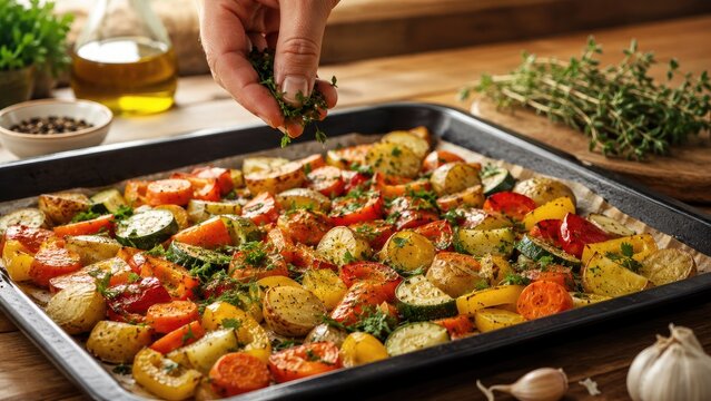 Hand sprinkling herbs over a sheet pan of colorful oven-roasted mixed vegetables