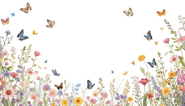 Flowers and butterflies in a field with a white background