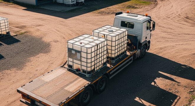 Flatbed truck with IBC water tanks in industrial yard, heavy-duty logistics and bulk transport