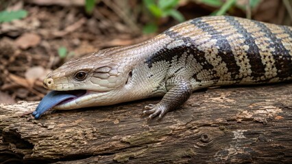 Obraz premium Close-up of a blue‐tongued skink lizard extending its distinctive blue tongue while resting on a textured log in a woodland setting
