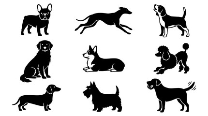 Obraz premium A diverse collection of black dog silhouettes showcasing different breeds and activities, ideal for various design uses.