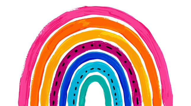 A vibrant, abstract rainbow illustration with bold brush strokes and dashed lines against a clean white background.