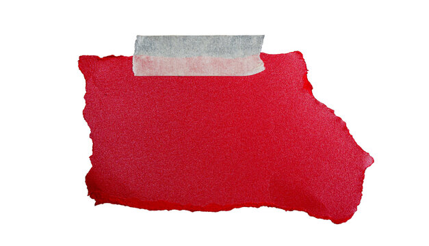 Fragmento de papel rojo rasgado con cinta adhesiva blanca sobre fondo negro, plantilla para texto y dise&ntilde;o creativo