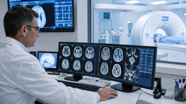 Radiologist reviews multiple brain MRI images on monitors from a control room window with an MRI scanner visible in a hospital imaging suite