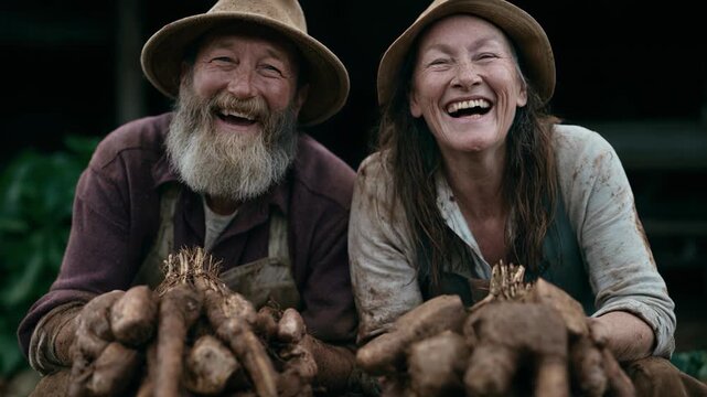 Elderly couple laughing while holding muddy yams and root vegetables on rustic organic farm porch during daytime harvest