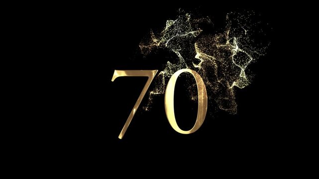 Golden number 70 from particles, numbering, seventy, golden numbers, alpha channel, numerology, beautiful golden numbers with particles on a transparent background