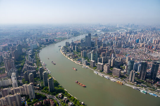High angle aerial panorama of Shanghai cityscape and Huangpu River, China
